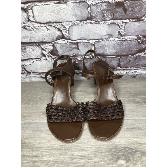 Cole Haan Brown Leather Woven Heel AnkleStrap Sandals Women Sz 8B US Broken Heel - Picture 12 of 16